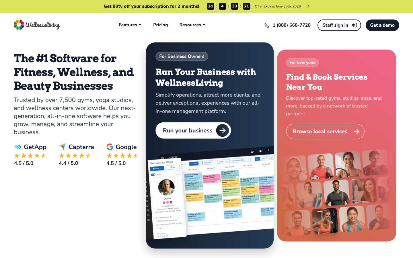 Mindbody fitness business management platform homepage showing studio and gym management features