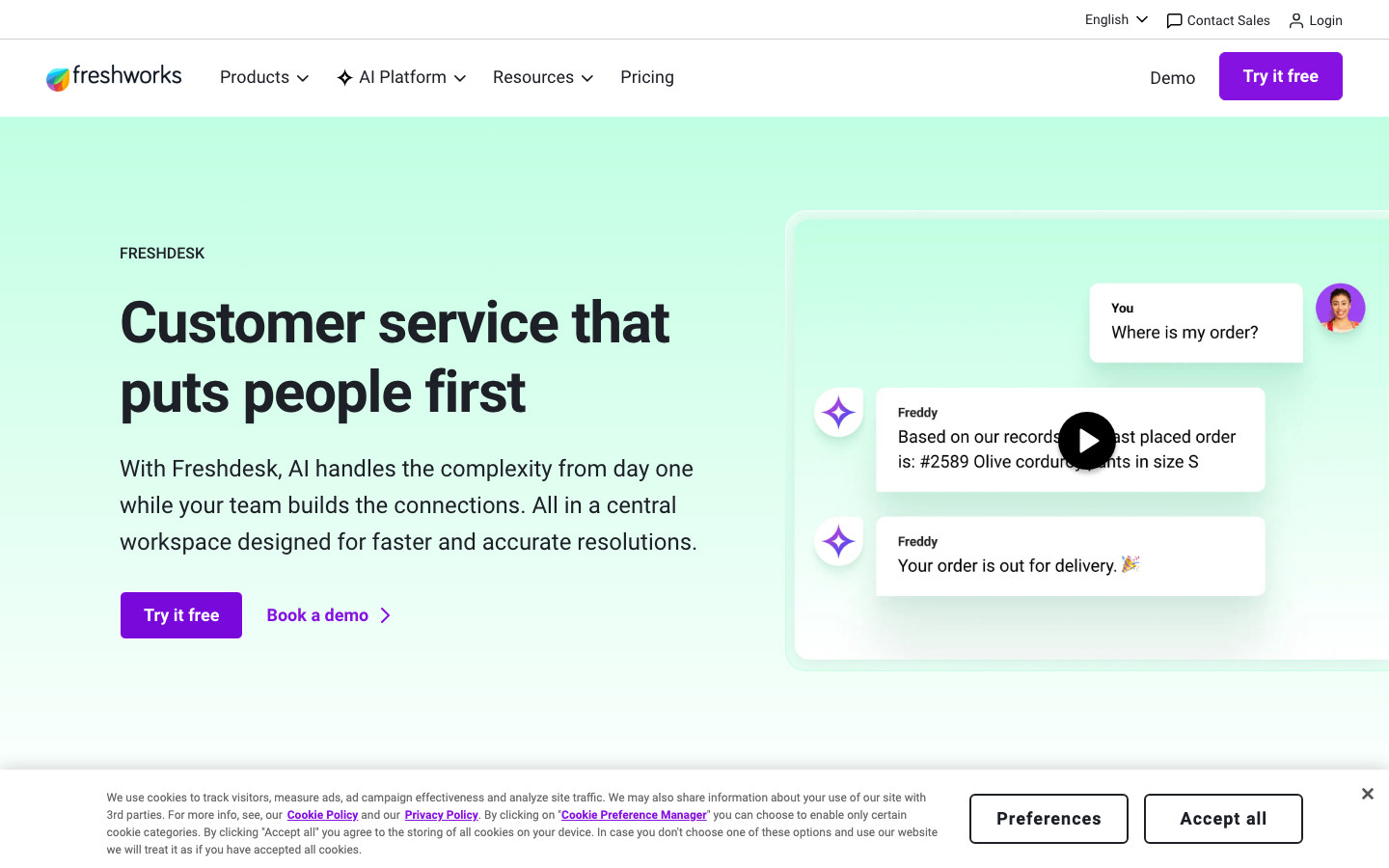 Freshdesk homepage showing multichannel support inbox and ticket management for SMB teams