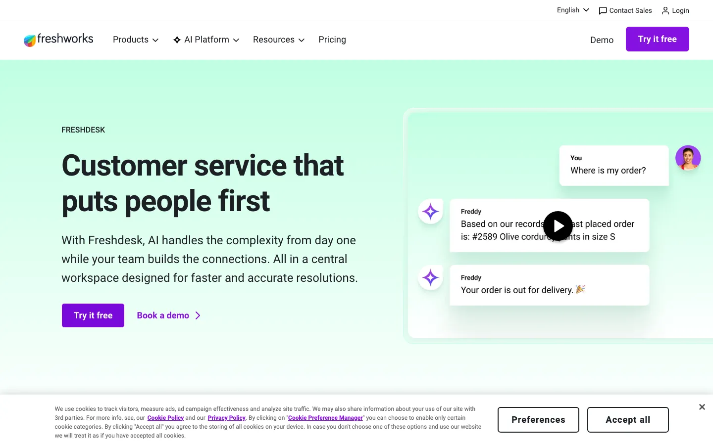 Freshdesk homepage showing multichannel support inbox and ticket management for SMB teams