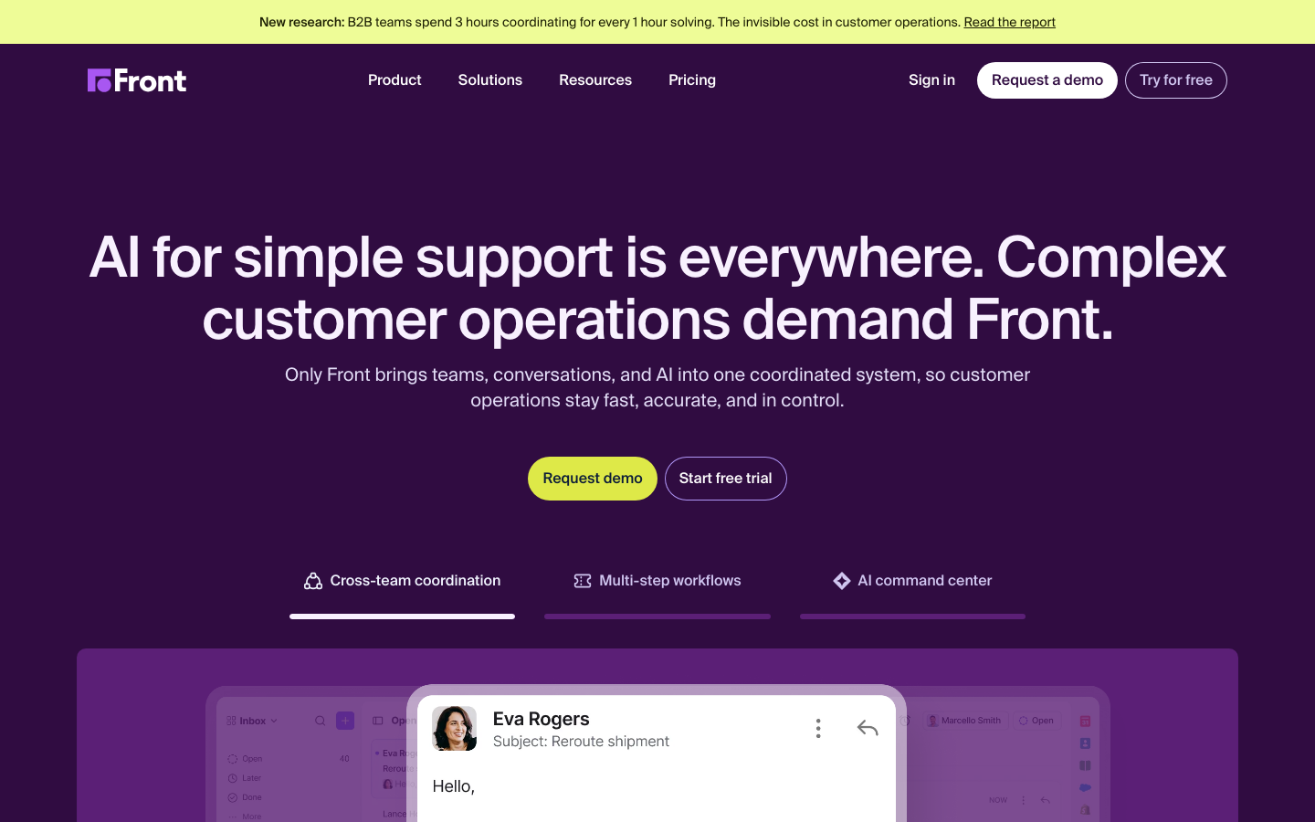 Front homepage showing AI-powered complex customer operations with multi-channel inbox and team coordination