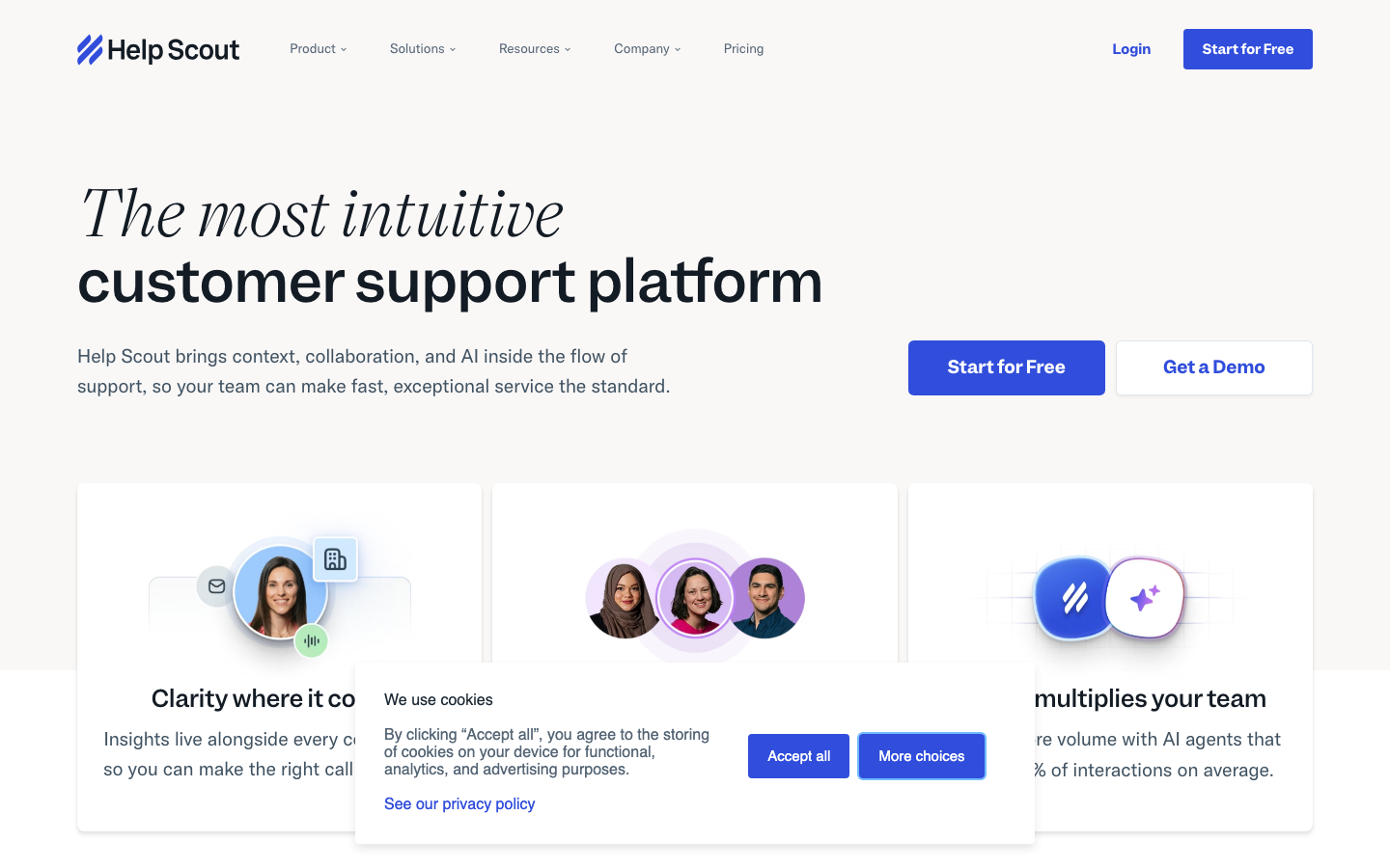 Help Scout homepage showing shared inbox interface and customer conversation management