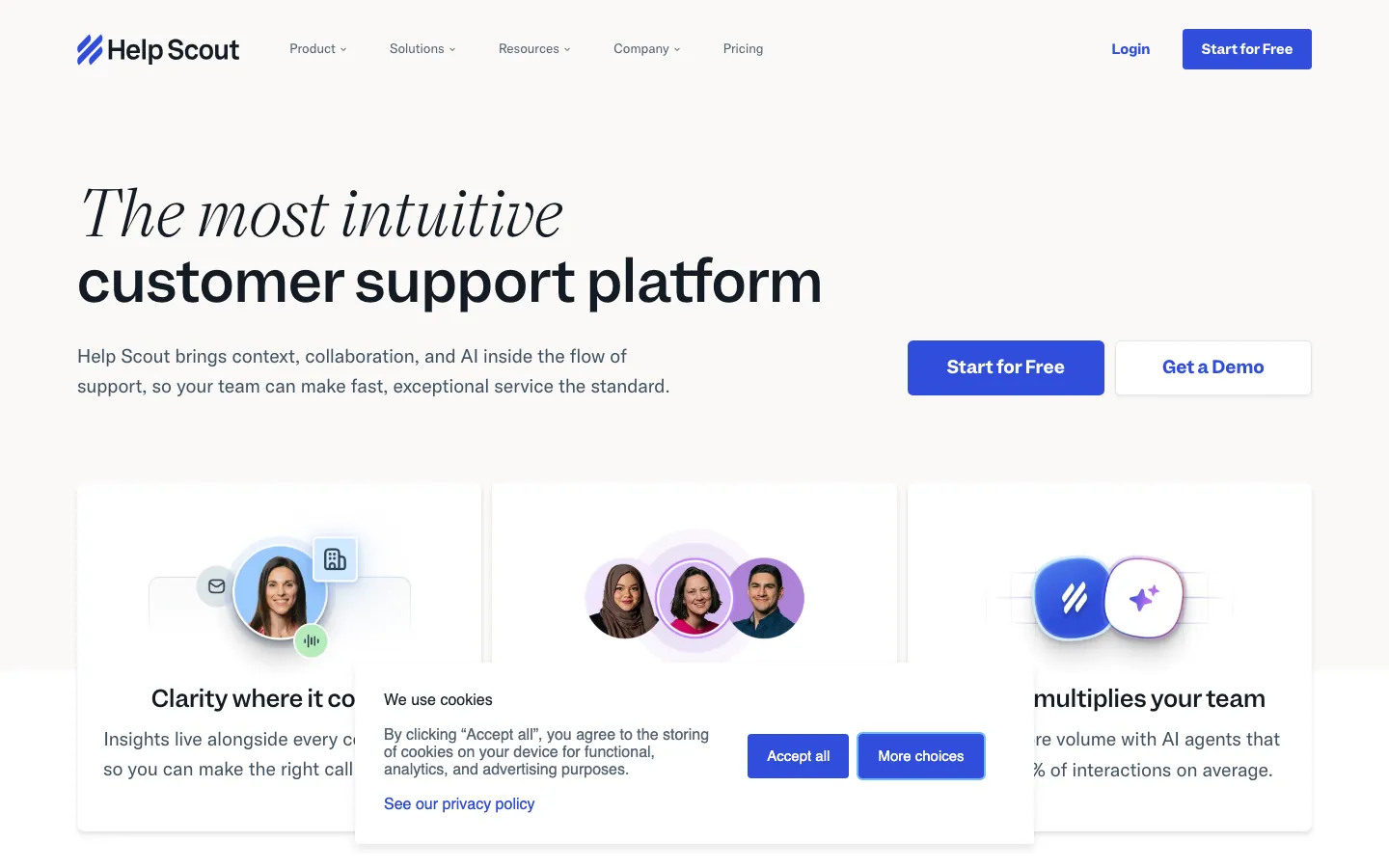 Help Scout homepage showing shared inbox interface and customer conversation management