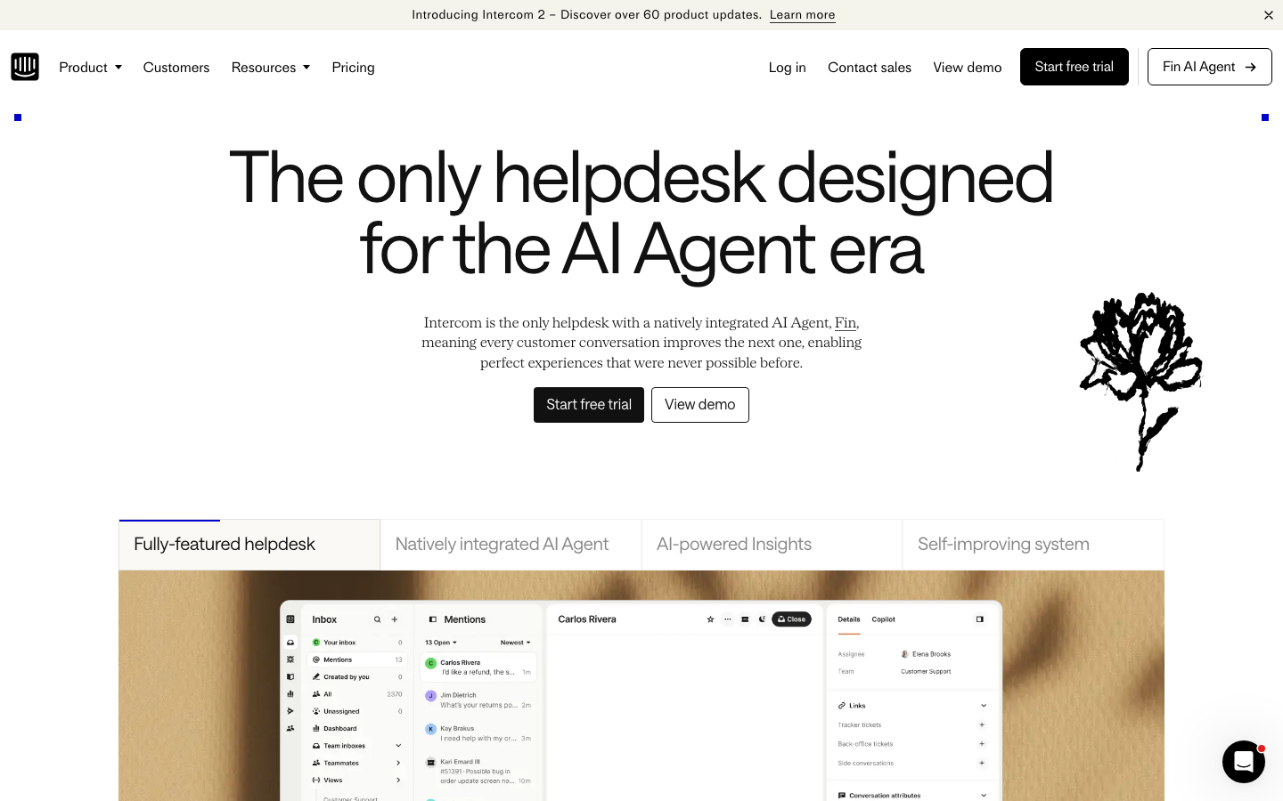 Intercom homepage with Fin AI Agent hero, showing the fully-featured helpdesk for the AI Agent era