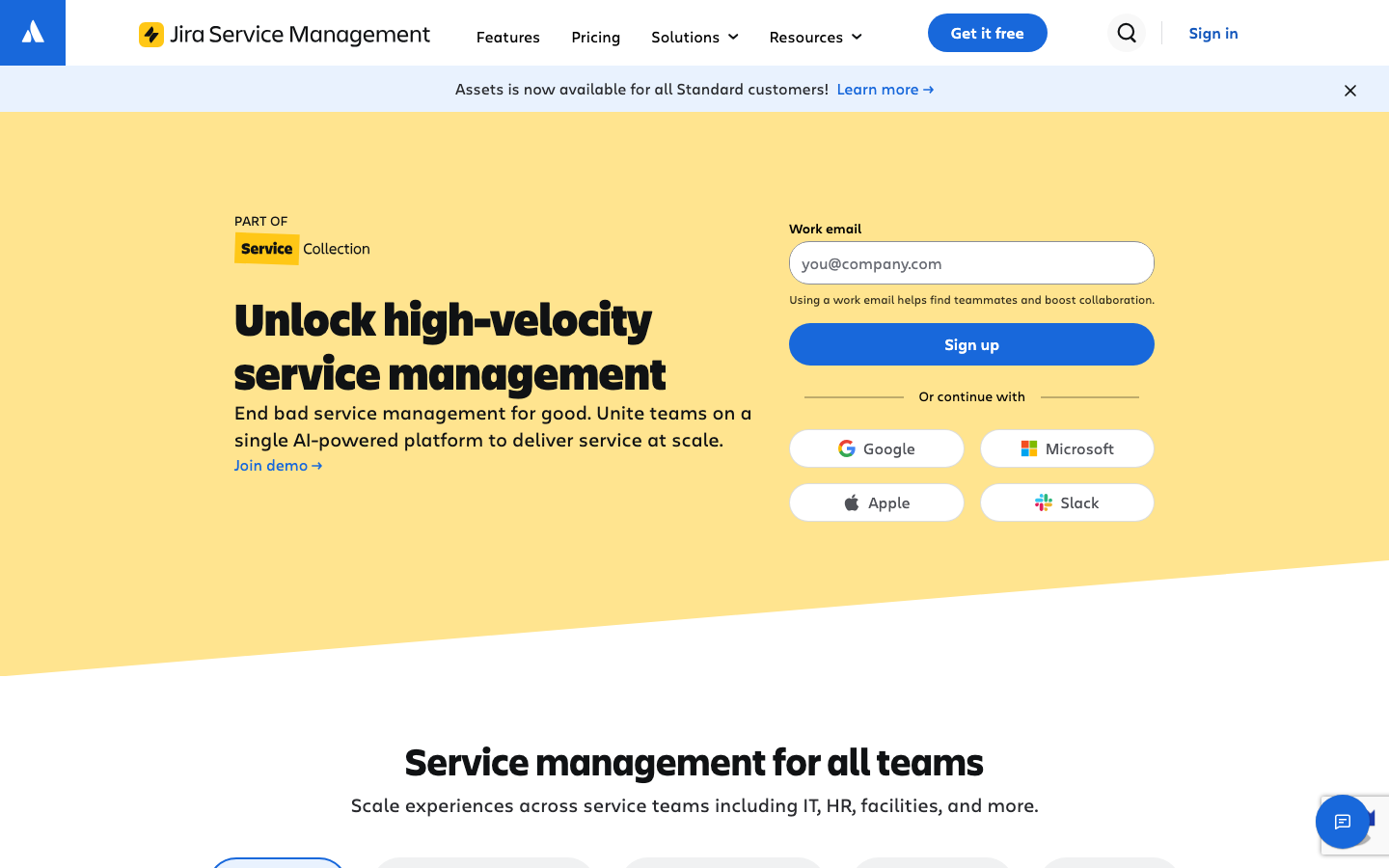 Jira Service Management homepage showing AI-powered ITSM with unlock high-velocity service management headline
