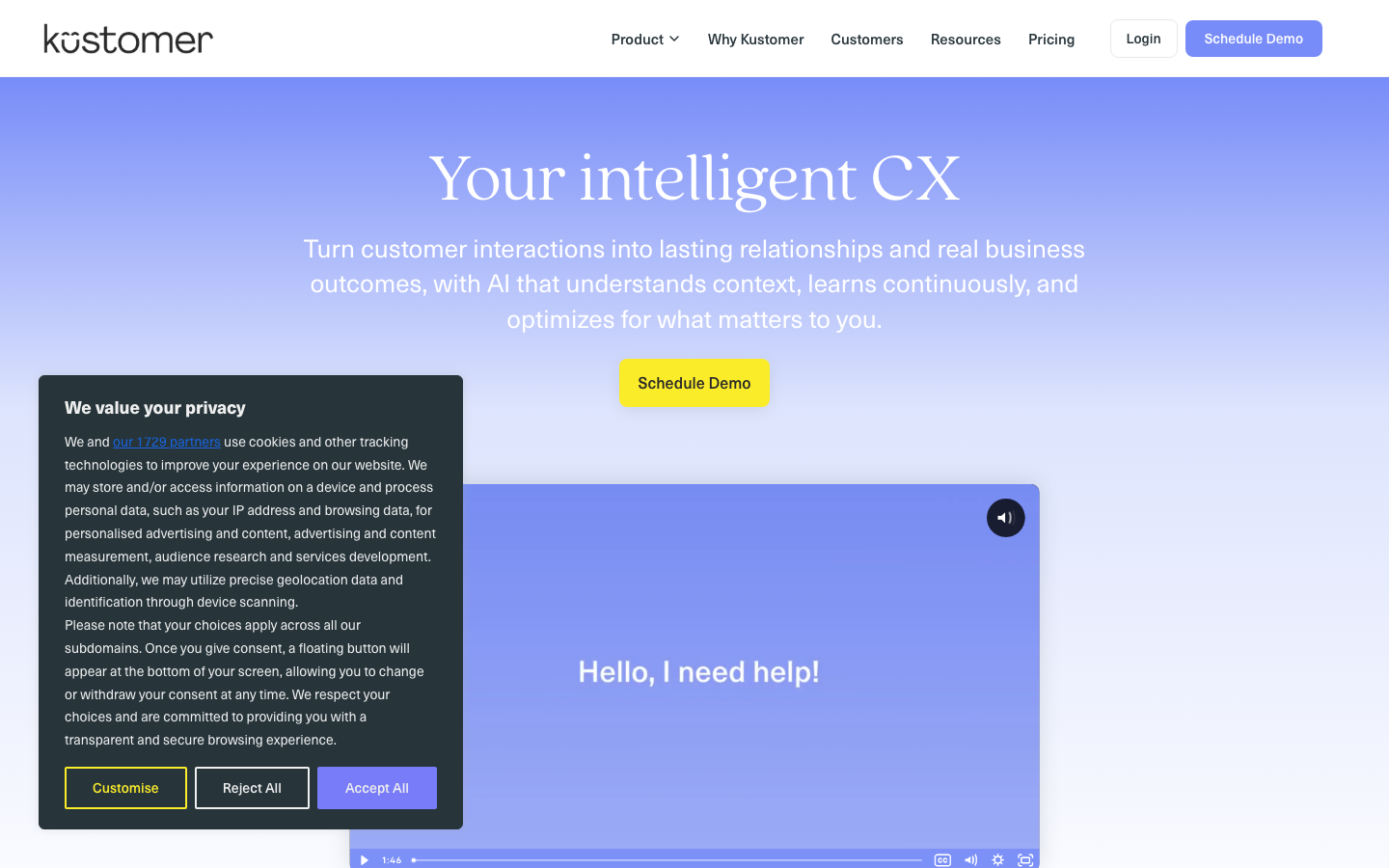 Kustomer homepage showing CRM-powered customer service platform with unified customer timeline