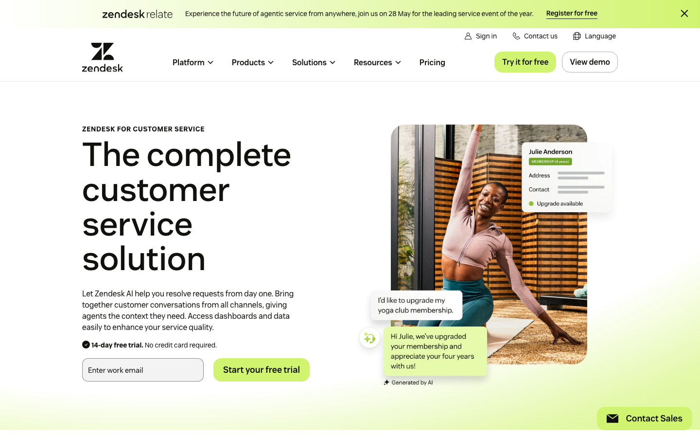 Zendesk customer service platform homepage showing omnichannel support and agent workspace