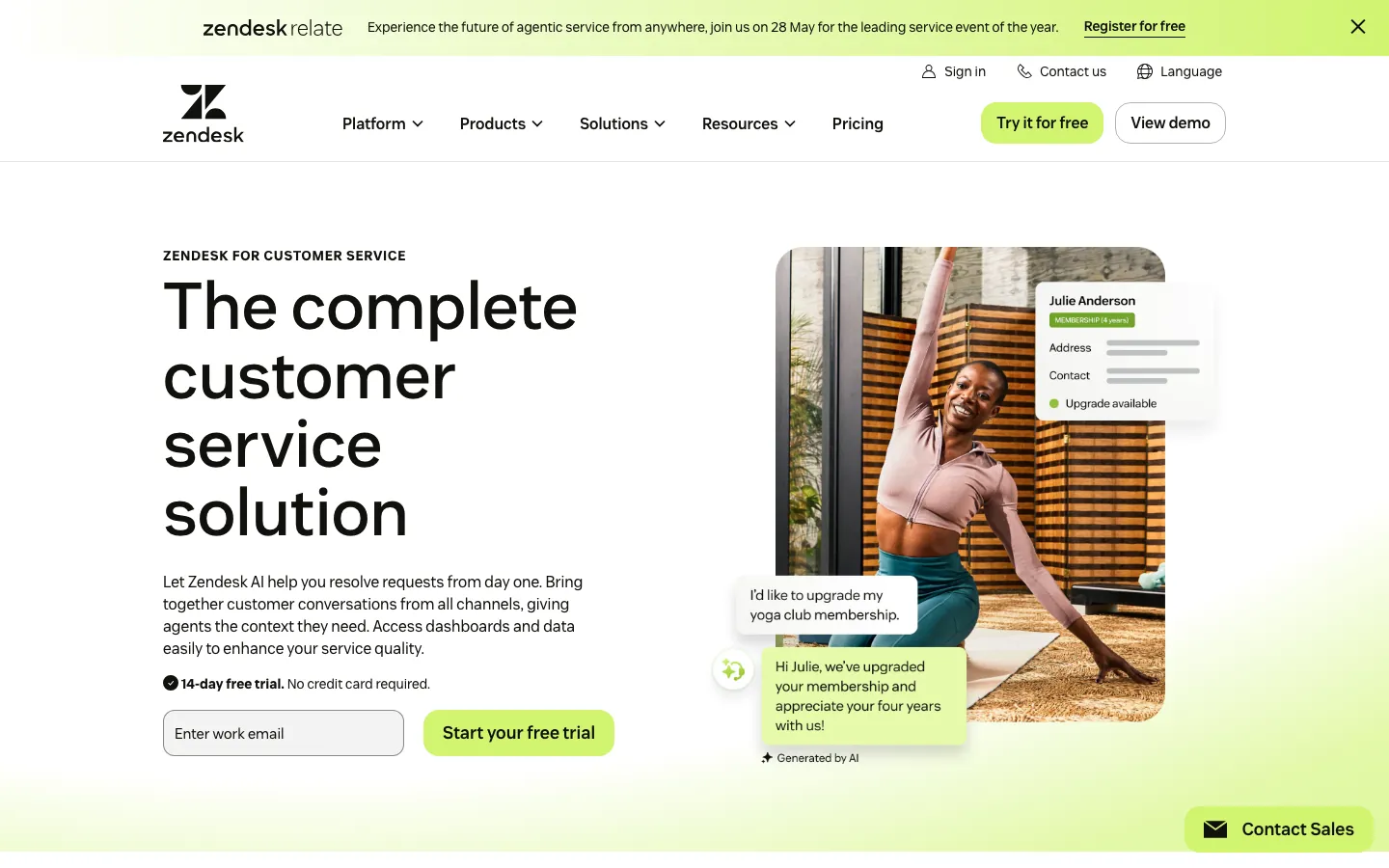 Zendesk customer service platform homepage showing omnichannel support and agent workspace