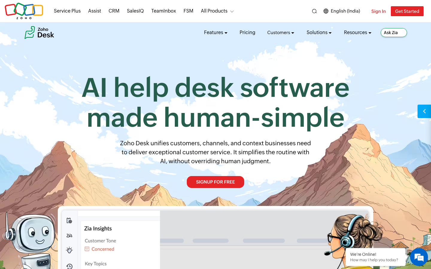 Zoho Desk homepage showing omnichannel customer service platform with automation and AI features