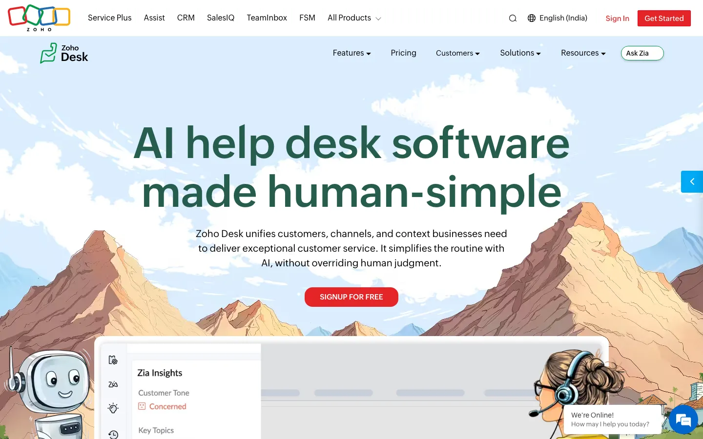Zoho Desk homepage showing omnichannel customer service platform with automation and AI features