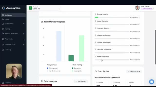 Accountable HQ compliance dashboard showing team member progress, policy reviews, and HIPAA training completion