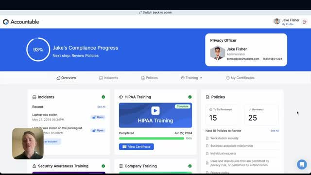 Accountable HQ employee compliance progress view showing HIPAA training completion and policy review status