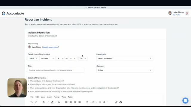 Accountable HQ incident report form for logging a PHI exposure or device theft incident