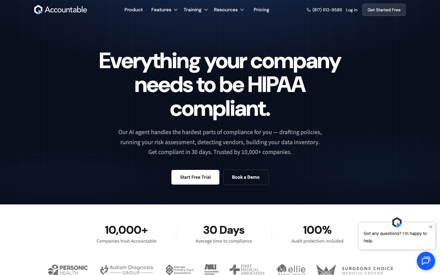 Accountable HQ homepage showing HIPAA compliance software pricing and certification messaging