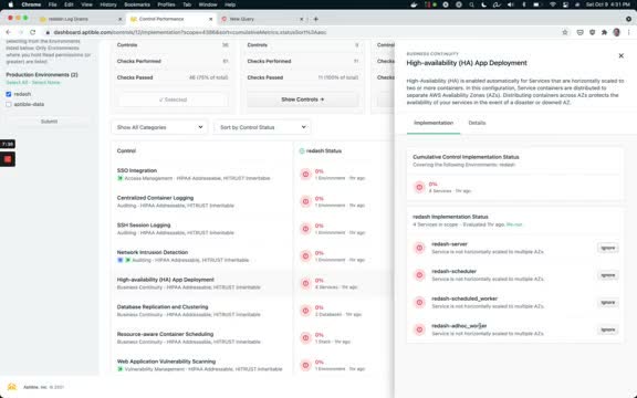 Aptible Deploy control dashboard showing HIPAA-mapped controls like SSO, logging, and high-availability checks
