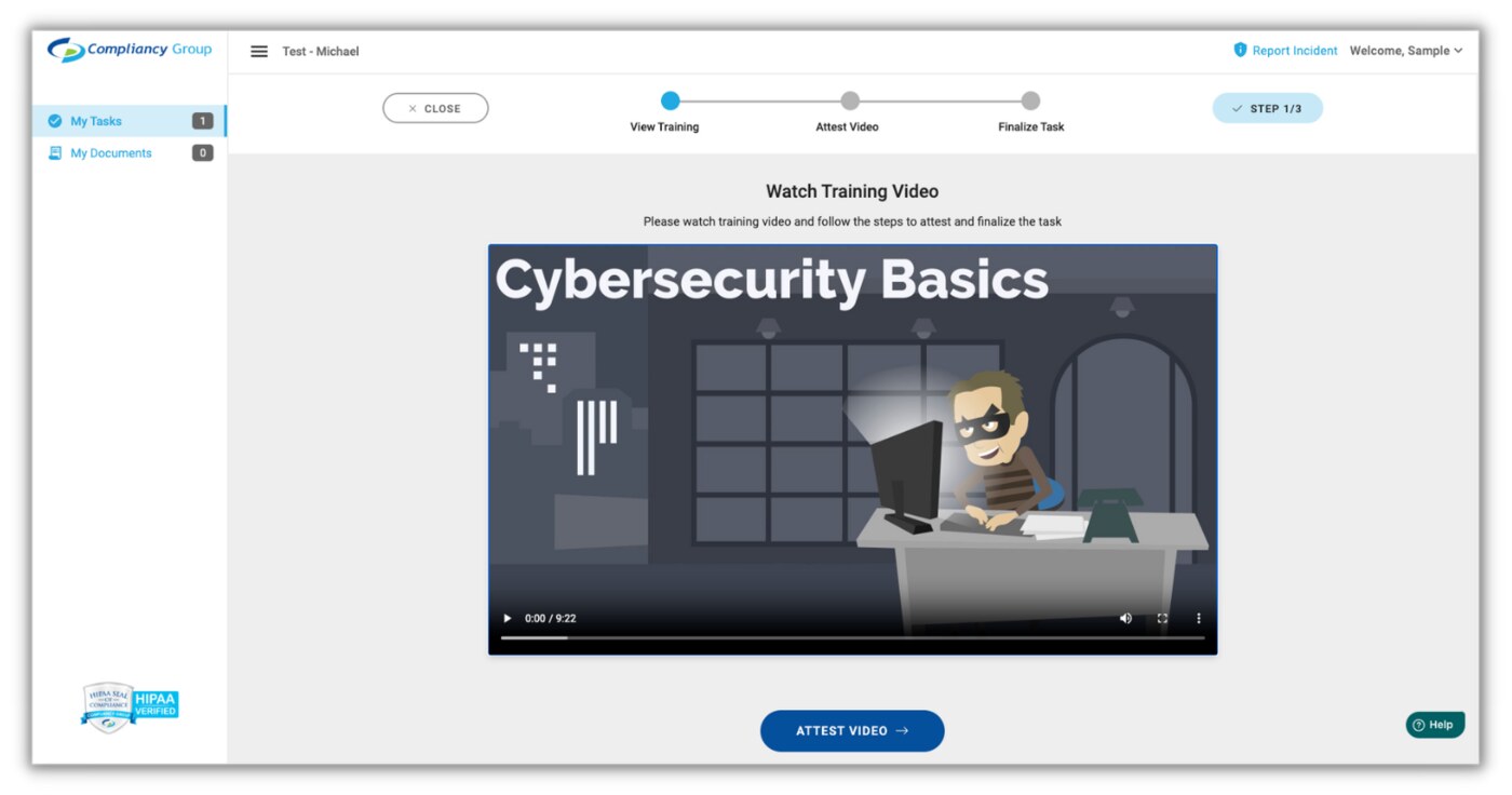 Compliancy Group HIPAA training video module showing compliance training interface for healthcare staff