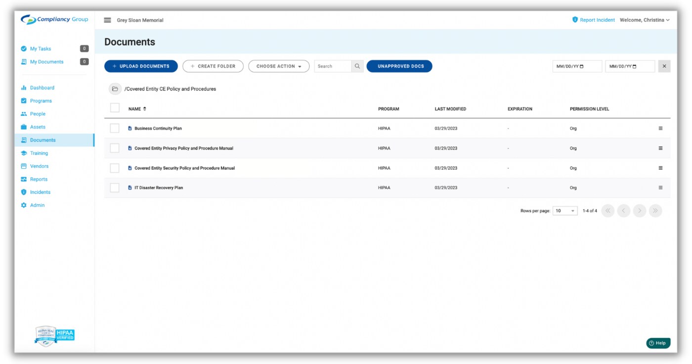 Compliancy Group documents management view listing HIPAA compliance policy files and records
