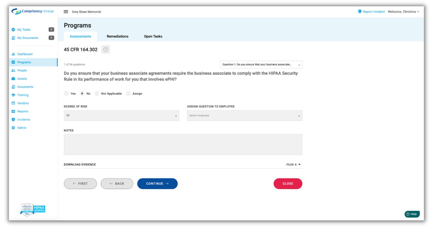 Compliancy Group Business Associate Agreement program workflow for tracking BAA execution status