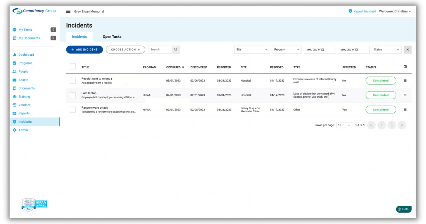 Compliancy Group incident tracking dashboard for HIPAA breach reporting and response management