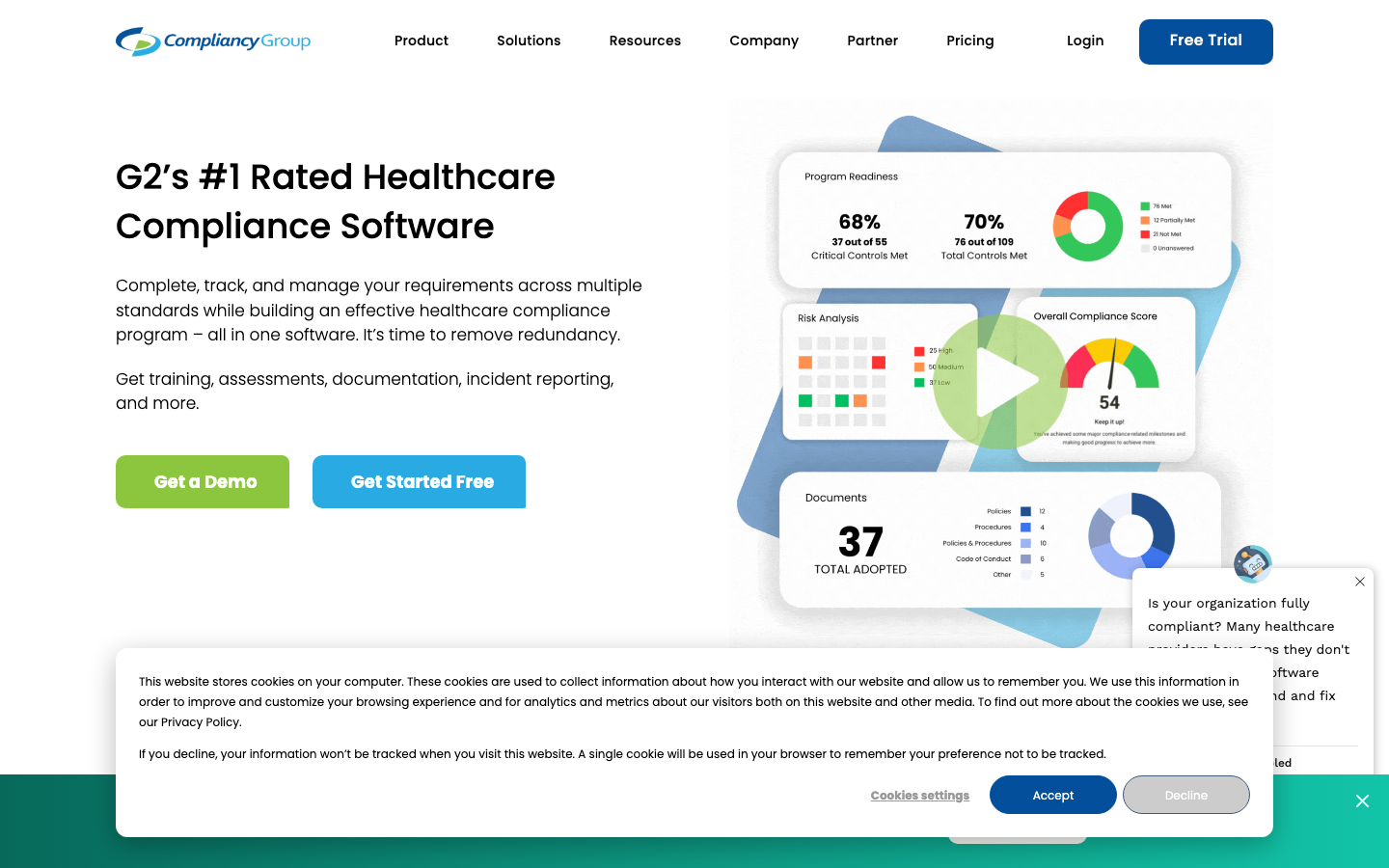 Compliancy Group homepage showing HIPAA compliance software for healthcare organizations