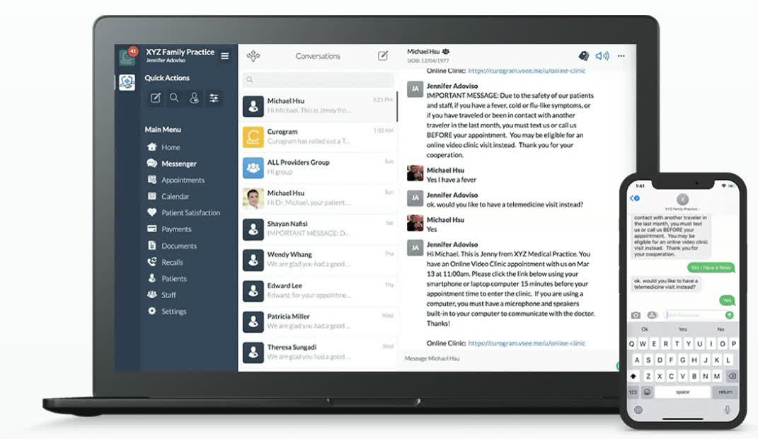 Curogram messenger showing a practice conversation list and an active patient text thread with a telemedicine link