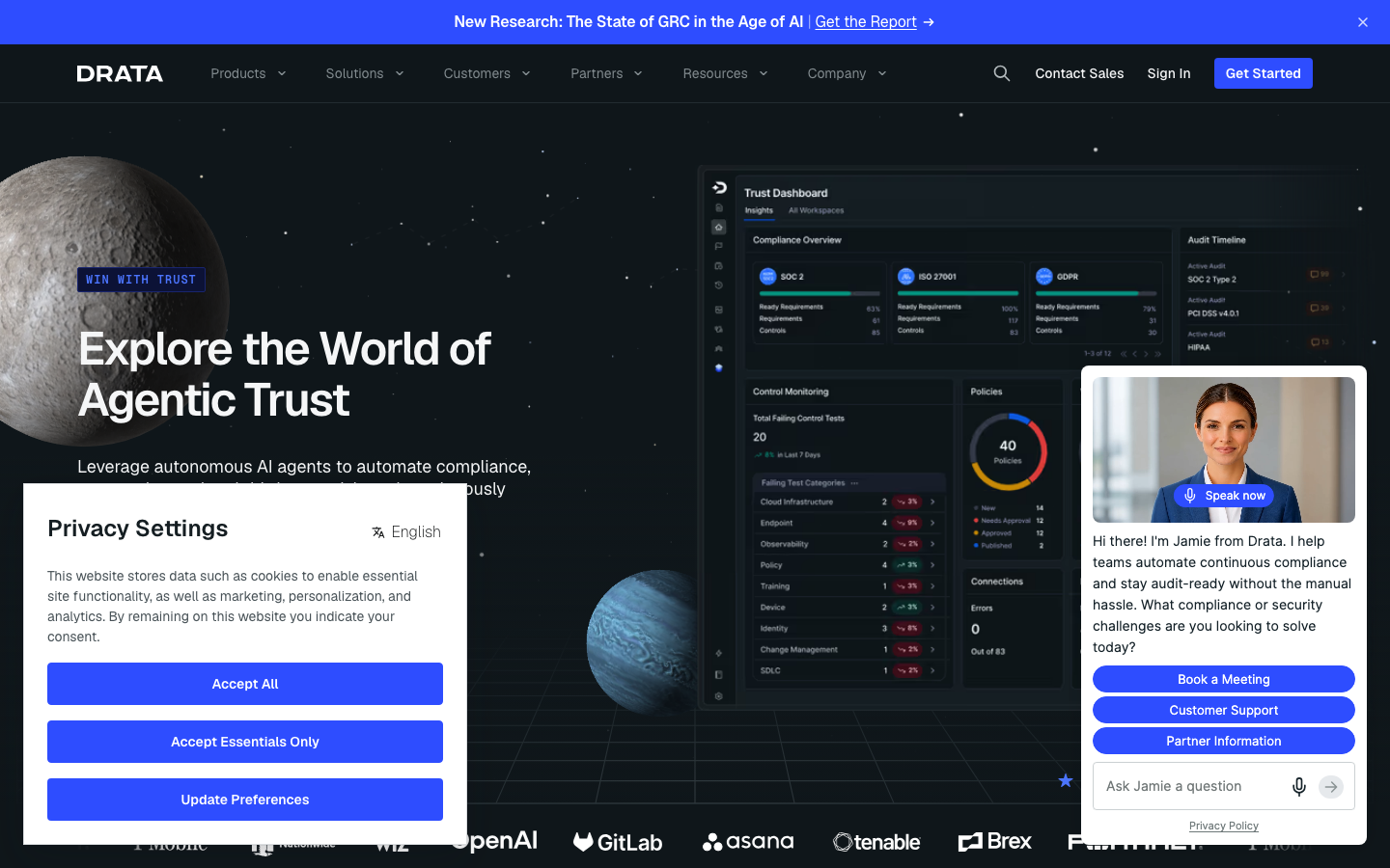 Drata compliance automation platform homepage with trust dashboard and control monitoring