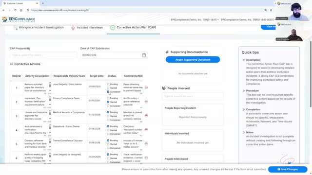 EPICompliance corrective action plan workflow showing assigned corrective actions, owners, and target dates