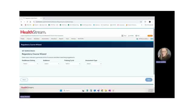 HealthStream Regulatory Course Wizard showing healthcare setting, audience, and training cycle search fields