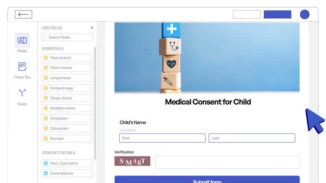 Kiteworks Secure Data Forms builder showing a medical consent form with verification and submit fields