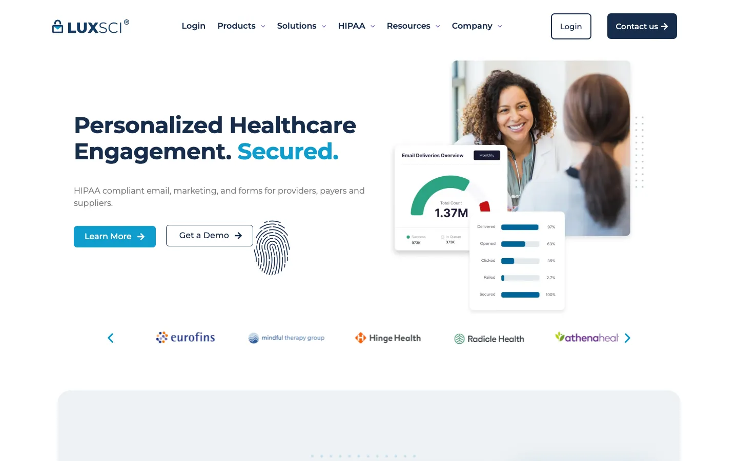 LuxSci homepage showing HIPAA compliant email and secure digital communication solutions
