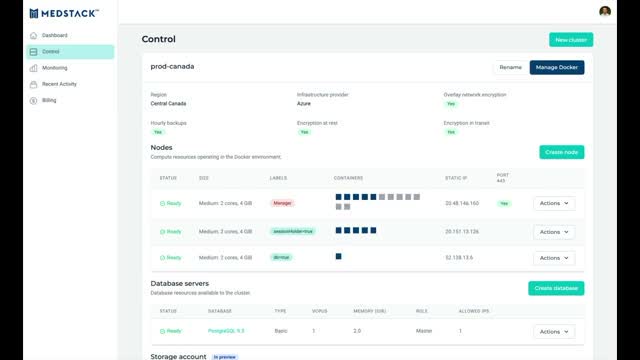 MedStack Control cluster view listing nodes, encryption status, and database servers for a production environment