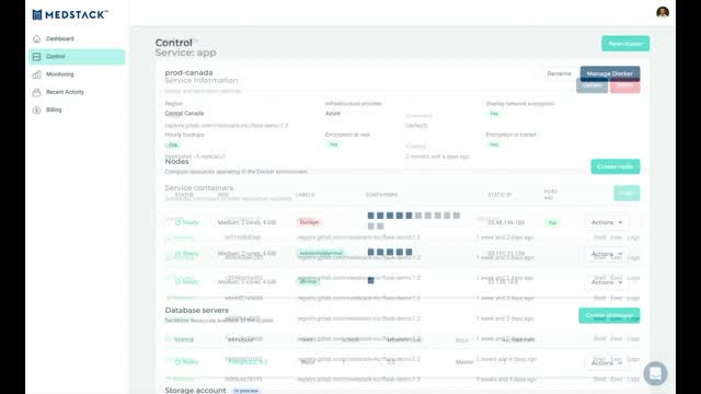 MedStack Control service detail view showing container status and registry information for an app service