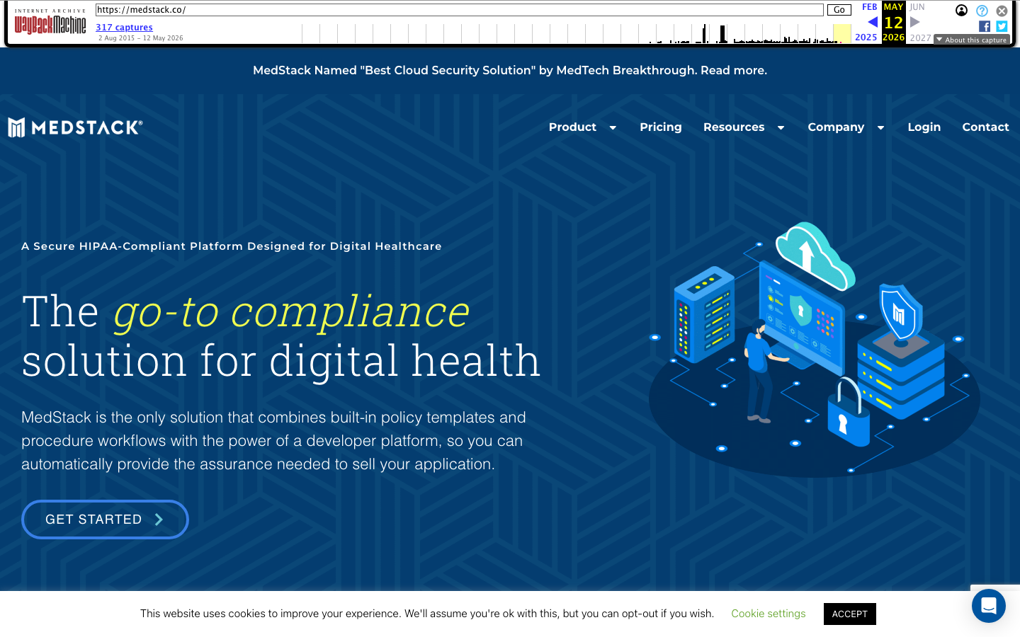MedStack HIPAA compliant hosting platform homepage showing secure cloud infrastructure for digital health