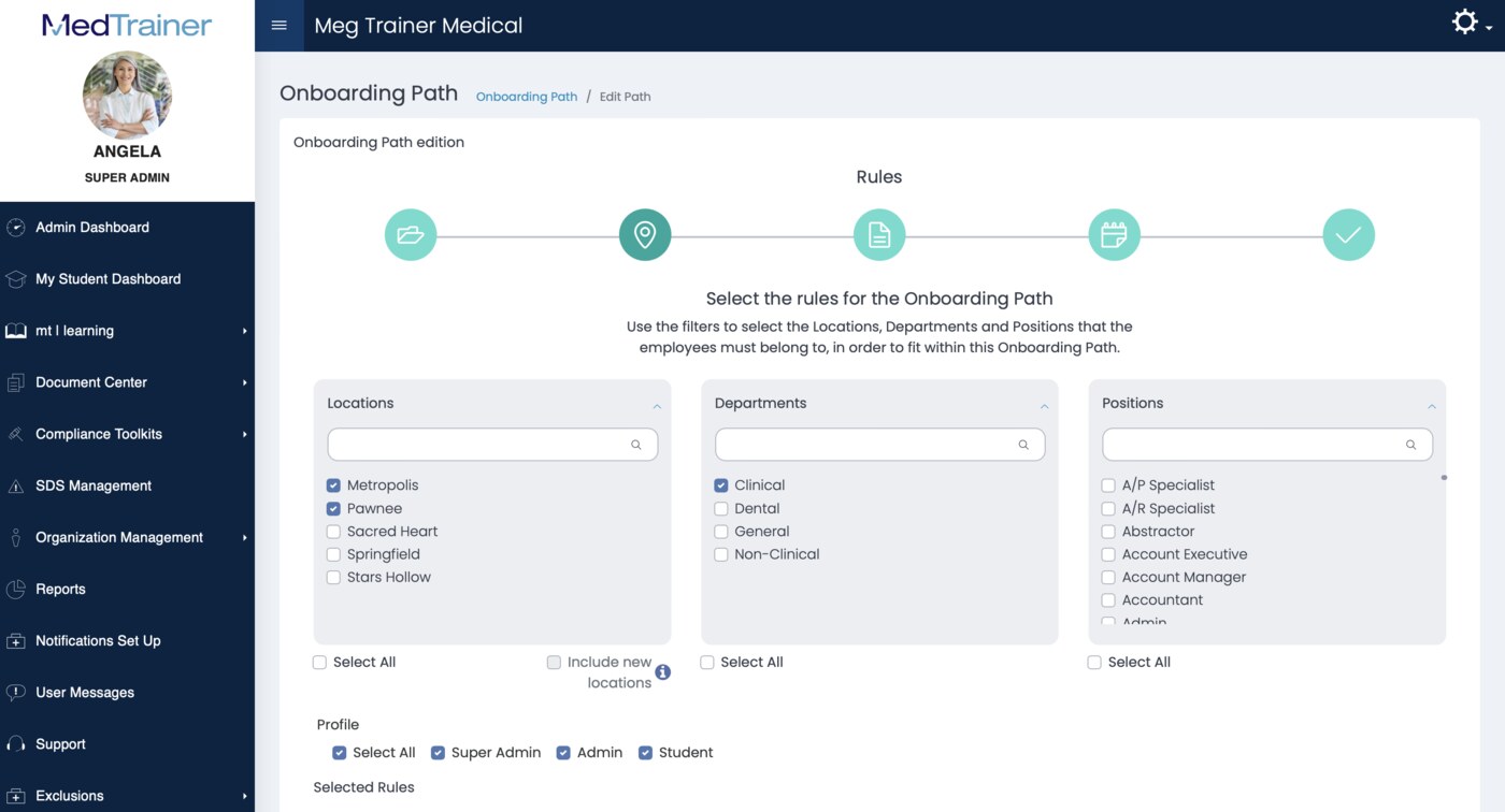 MedTrainer onboarding path builder for structuring new employee compliance training workflows