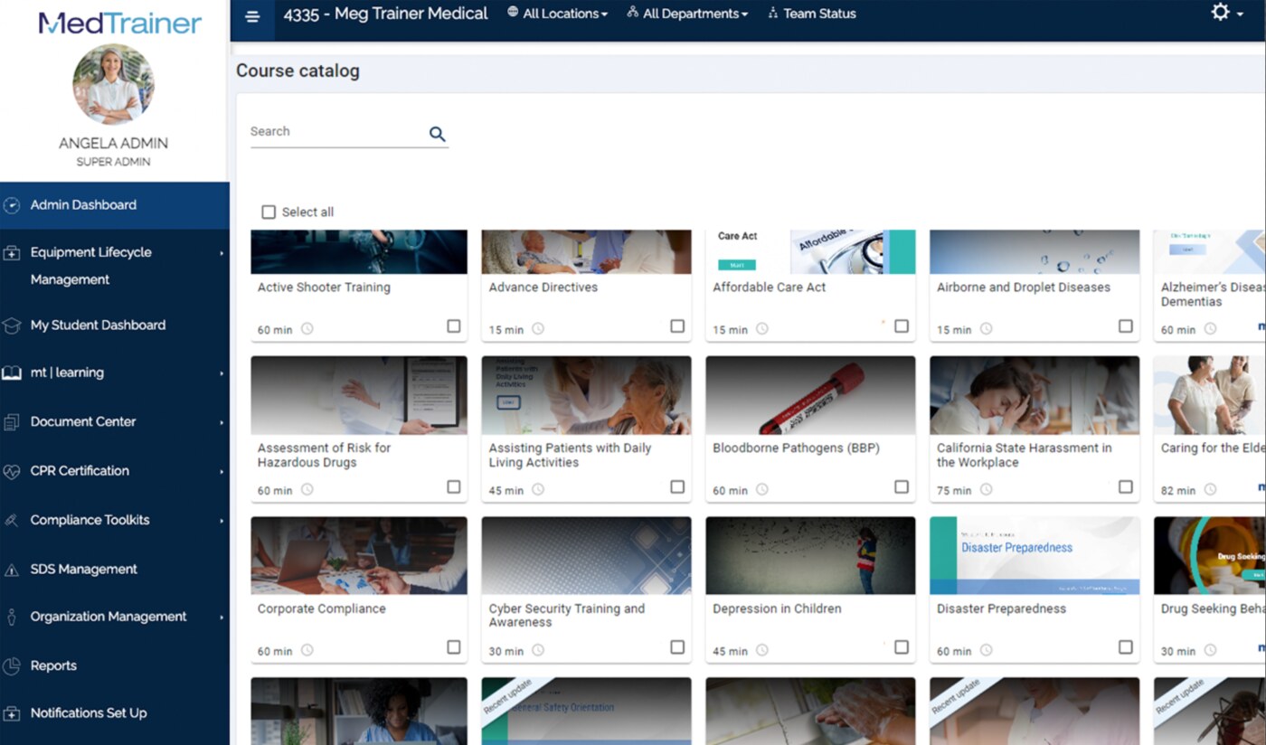 MedTrainer course catalog showing available healthcare training modules and compliance courses