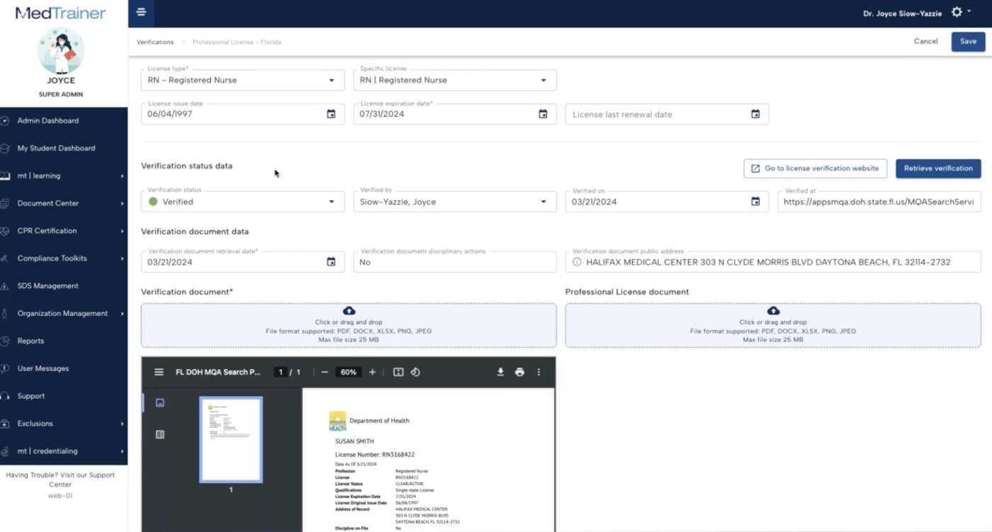 MedTrainer provider credentialing management interface for tracking healthcare staff credentials