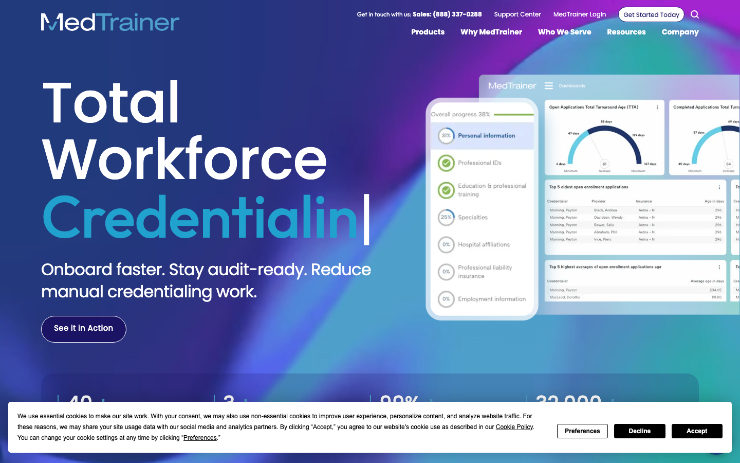 MedTrainer homepage showing healthcare compliance, training, and credentialing platform