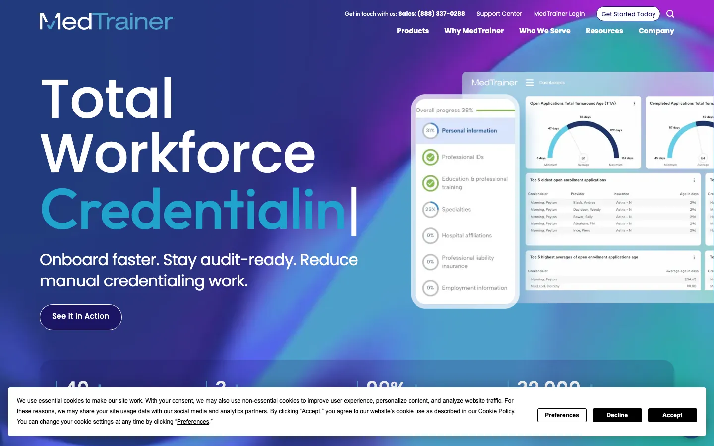 MedTrainer homepage showing healthcare compliance, training, and credentialing platform