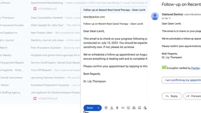 Gmail inbox and compose window showing a Paubox encrypted email thread with a patient