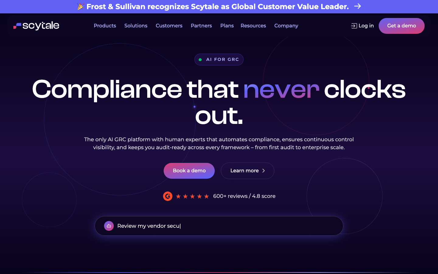 Scytale AI GRC platform homepage showing continuous compliance automation across frameworks