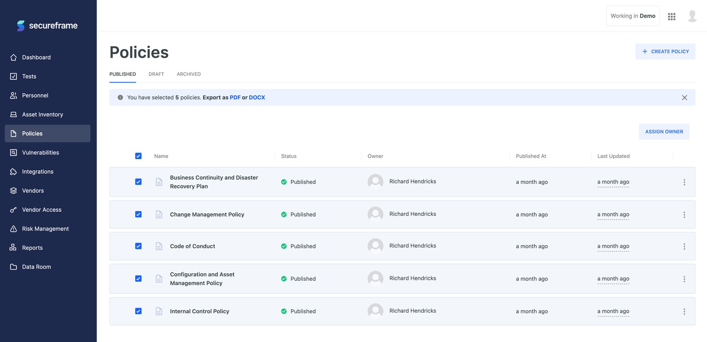 Secureframe policies list showing HIPAA compliance policy templates and workforce acceptance status