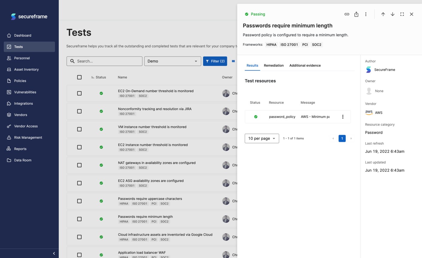 Secureframe tests monitoring view displaying automated control checks and real-time test results