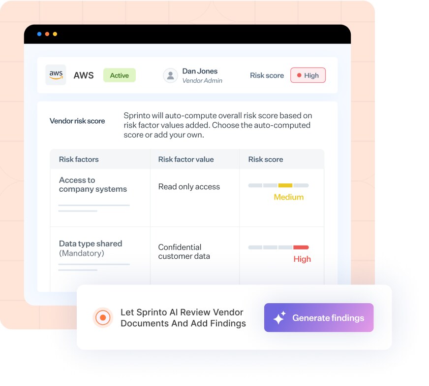 Sprinto vendor risk management interface showing AI-assisted review of third-party vendor security posture