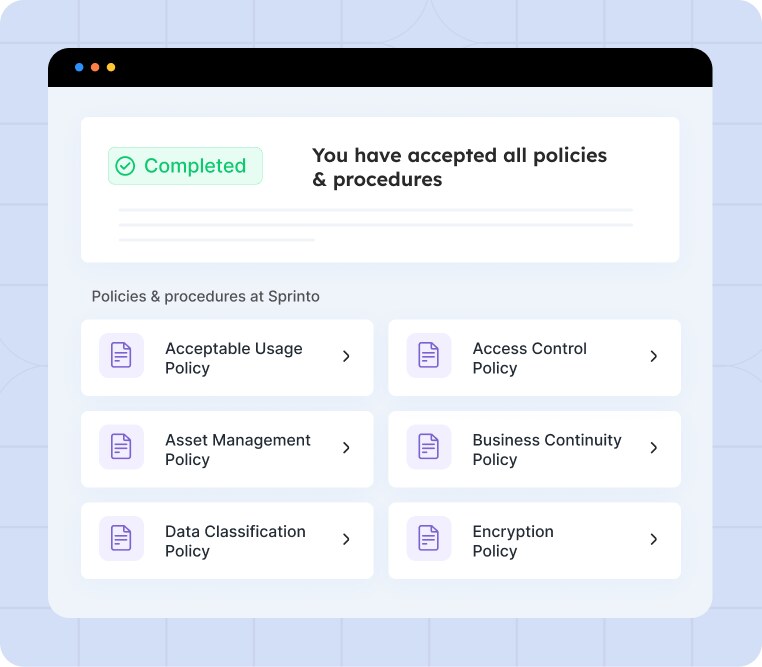 Sprinto policies acceptance tracking for monitoring HIPAA workforce policy acknowledgments