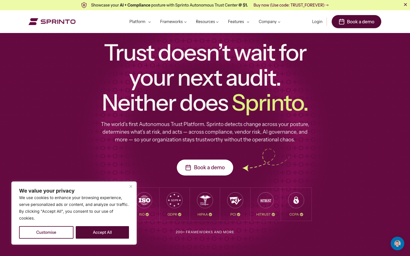Sprinto compliance automation platform homepage with SOC 2 and HIPAA readiness messaging