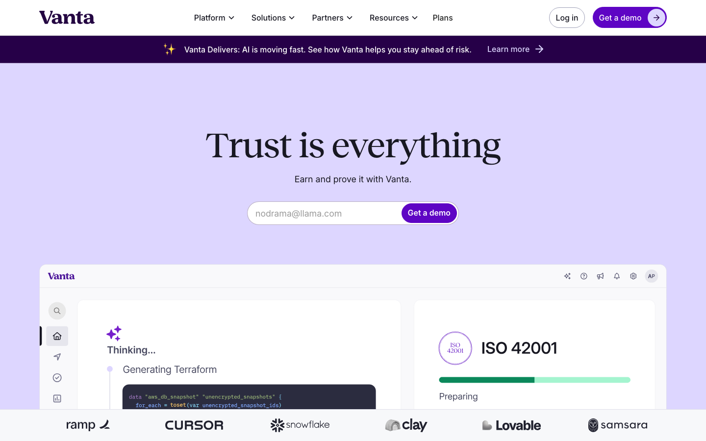 Vanta trust management platform homepage showing compliance automation dashboard