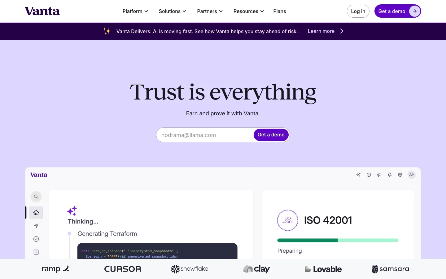 Vanta trust management platform homepage showing compliance automation dashboard