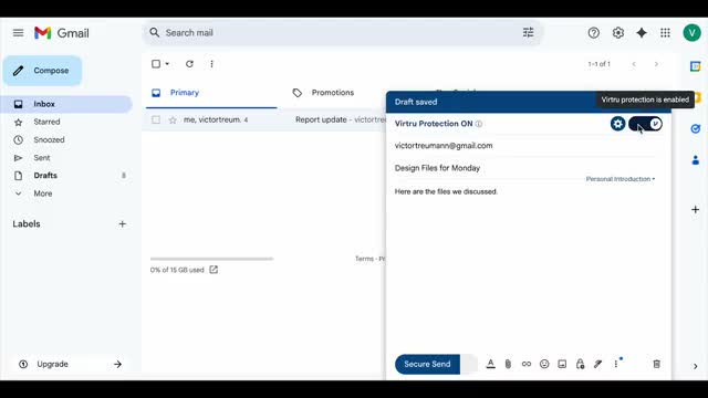 Gmail compose window with Virtru Protection turned on before sending an encrypted email