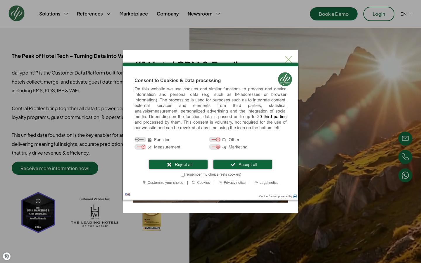 dailypoint hotel CRM and central data management platform showing guest profiles and loyalty tools