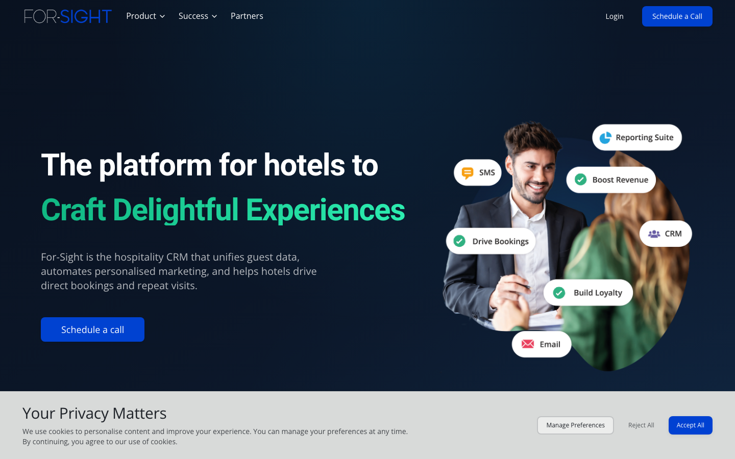 For-Sight hotel CRM and marketing platform showing guest data analytics and email campaign automation