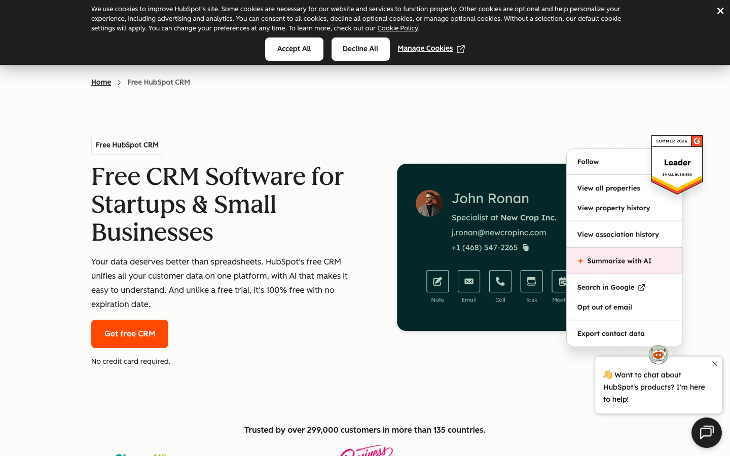 HubSpot CRM homepage showing contact management pipeline and marketing automation features